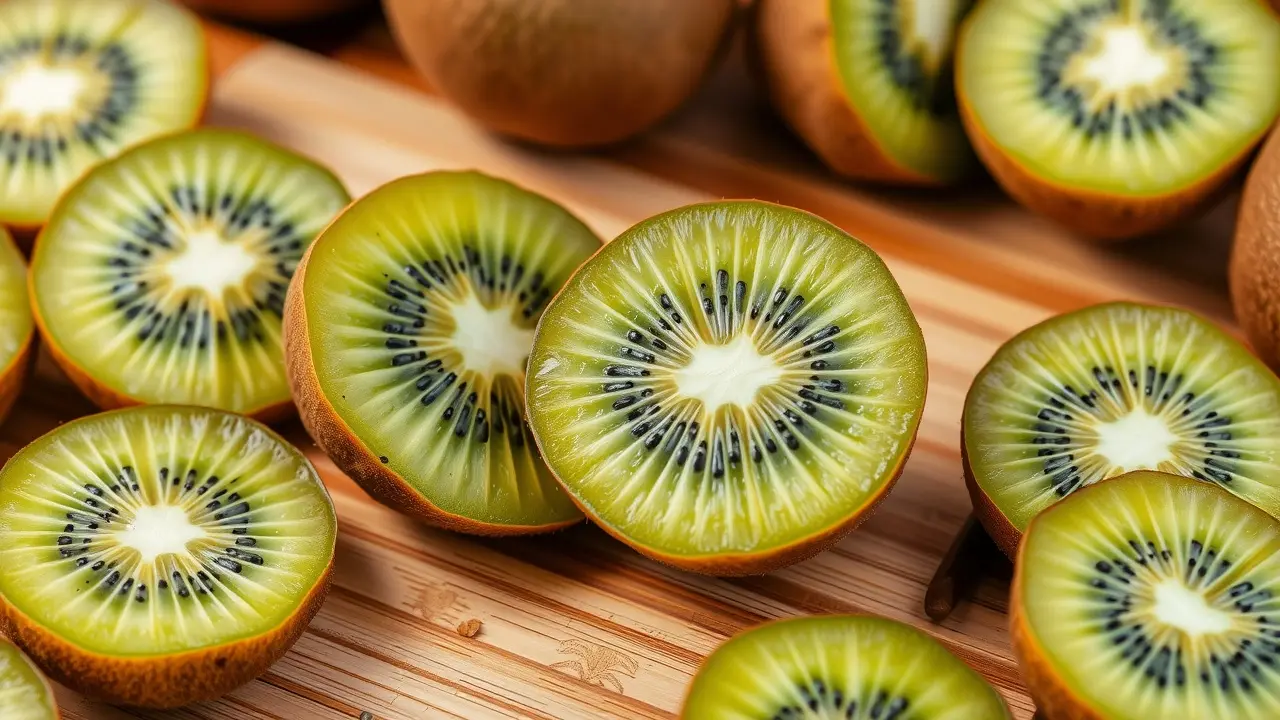 Kiwi fresco cortado ao meio mostrando sua polpa verde