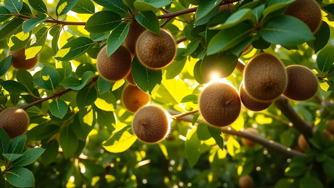 Kiwizeiro carregado de kiwis maduros