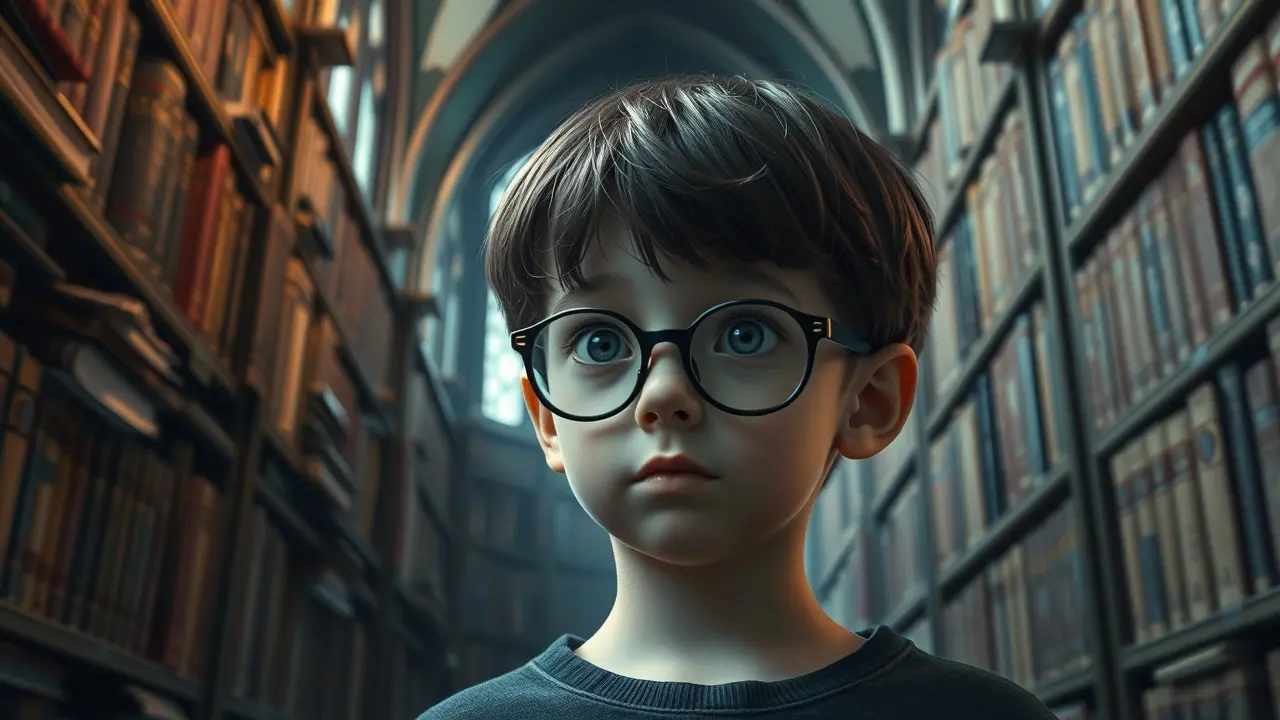 Sonhar com Klaus Baudelaire: Decifre os Mistérios do Seu Subconsciente Menino de óculos cercado por livros, sonhar com Klaus Baudelaire
