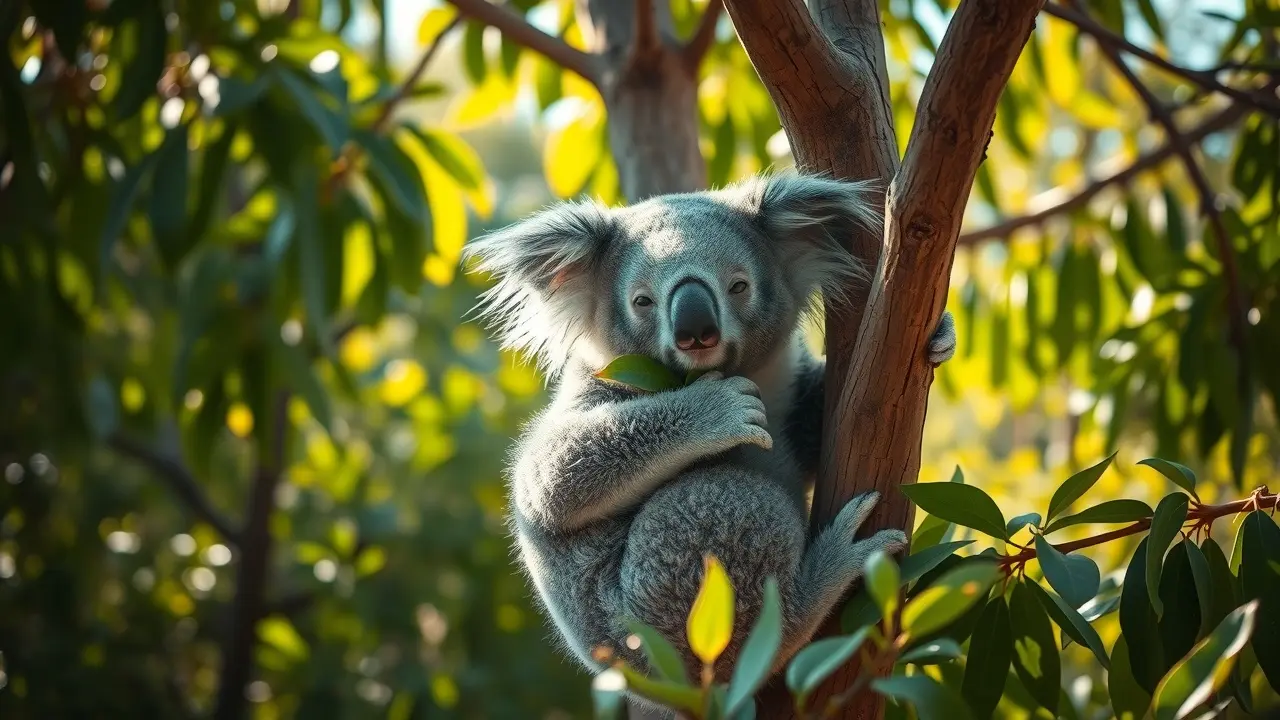 Koala descansando em árvore de eucalipto