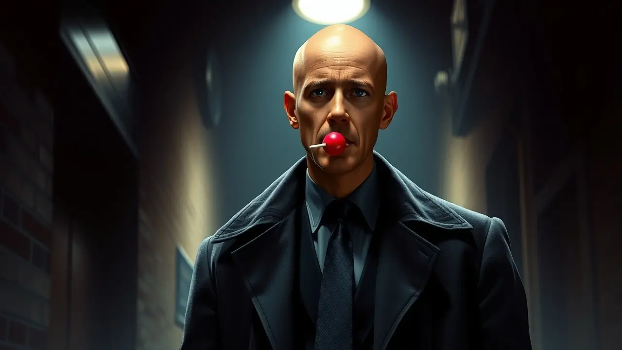 Sonhar com Kojak: Descubra os Significados e Interpretações! Kojak segurando pirulito em beco escuro.