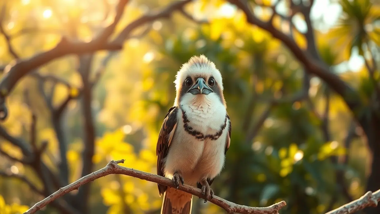 Kookaburra sorrindo em um galho.