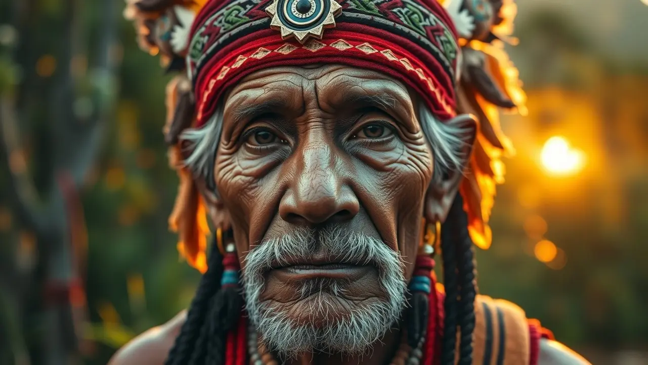 Idoso Krenak com olhar sábio em meio à natureza
