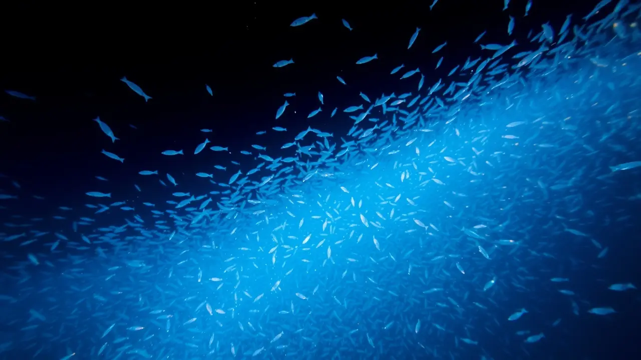 Cardume de krill bioluminescente nas profundezas do oceano antártico.