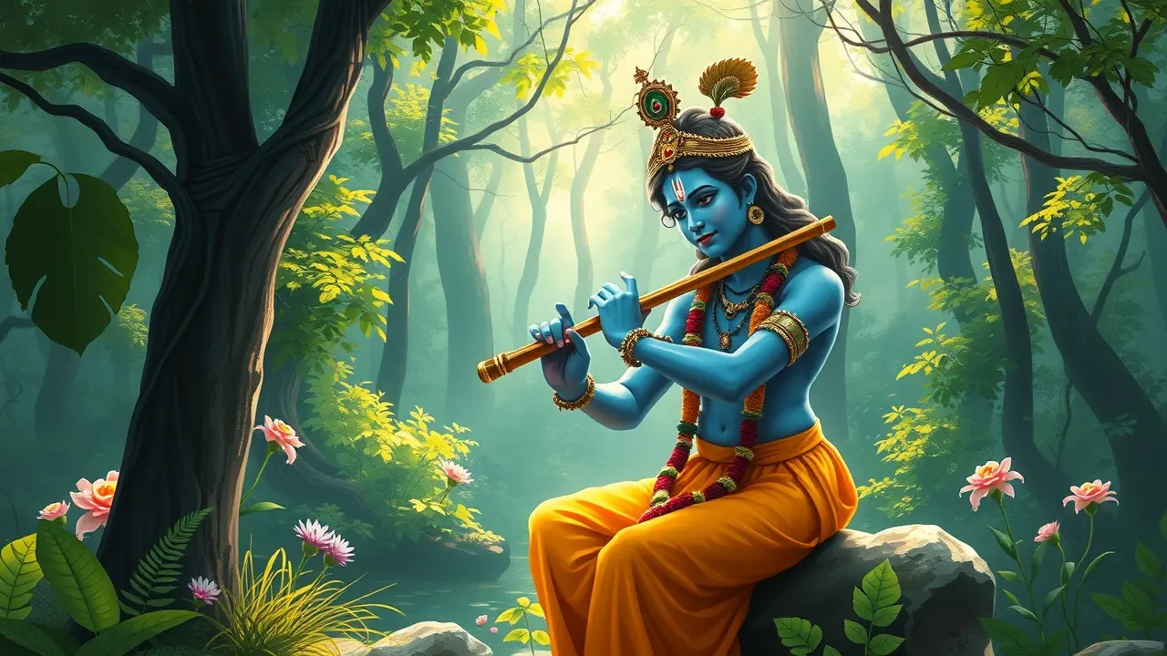 Significado de Sonhar com Krishna: Interpretações e Simbolismos Homem tocando flauta em floresta exuberante, representando Krishna