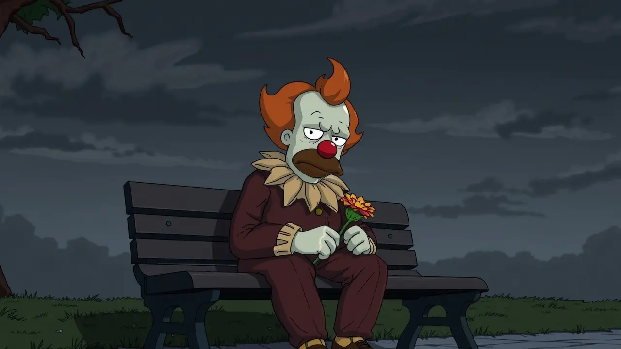 Krusty o Palhaço triste sentado em um banco de praça.