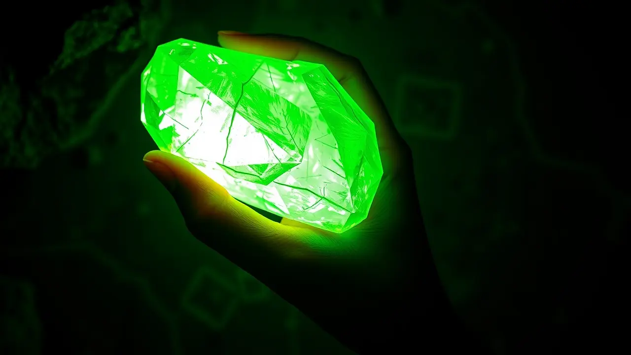 Mão segurando cristal de kryptonita verde brilhante.