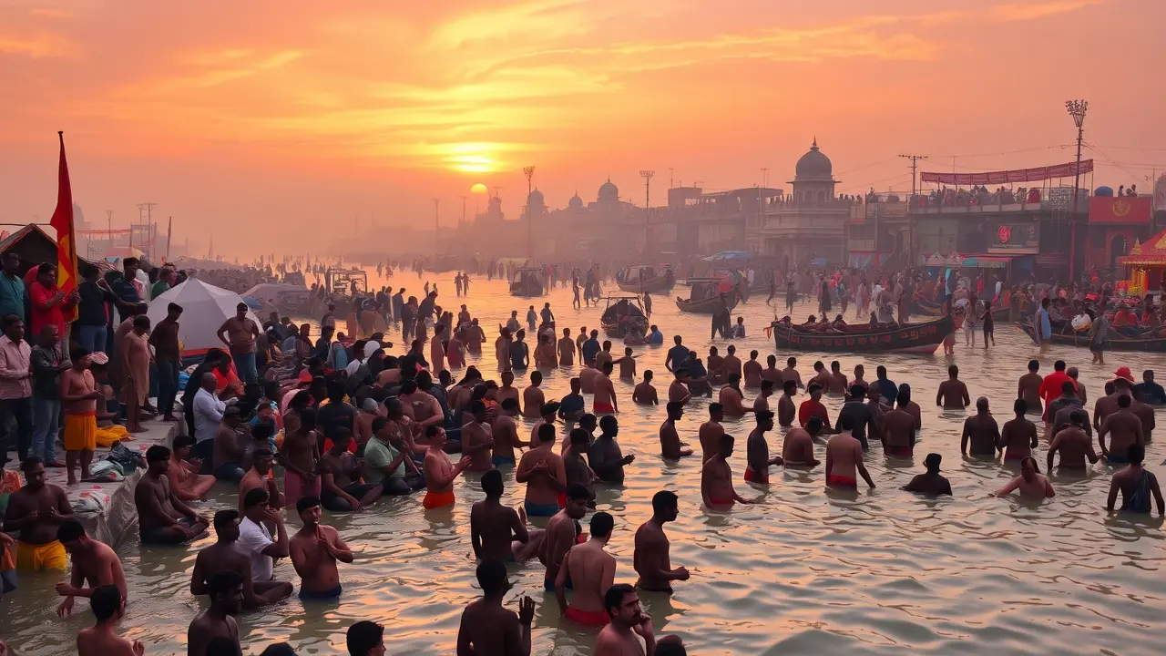 Significado de Sonhar com Kumbh Mela: Uma Jornada Espiritual Onírica Peregrinos na Kumbh Mela às margens do Rio Ganges.