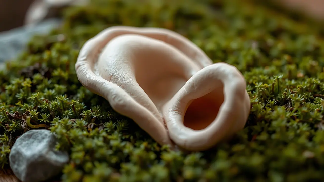 Representação artística de uma vulva de argila sobre musgo.