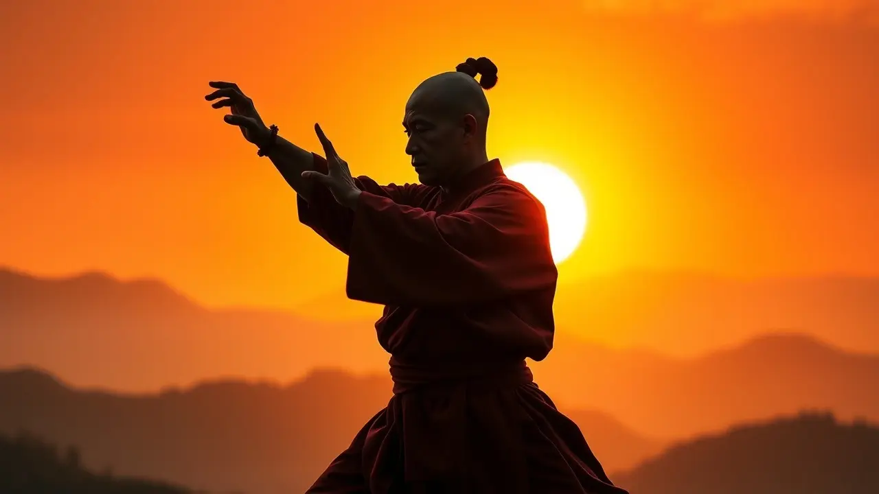 Monge Shaolin praticando Kung Fu ao amanhecer.