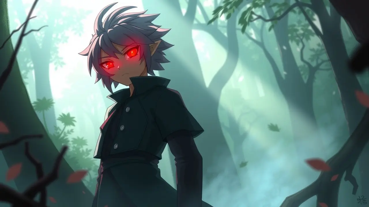 Kurapika em floresta mística com olhos vermelhos brilhantes.