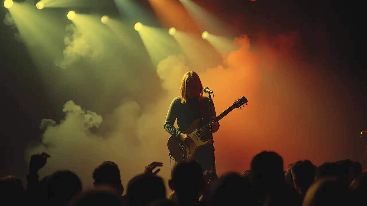 Sonho com Kurt Cobain tocando guitarra em palco esfumaçado.