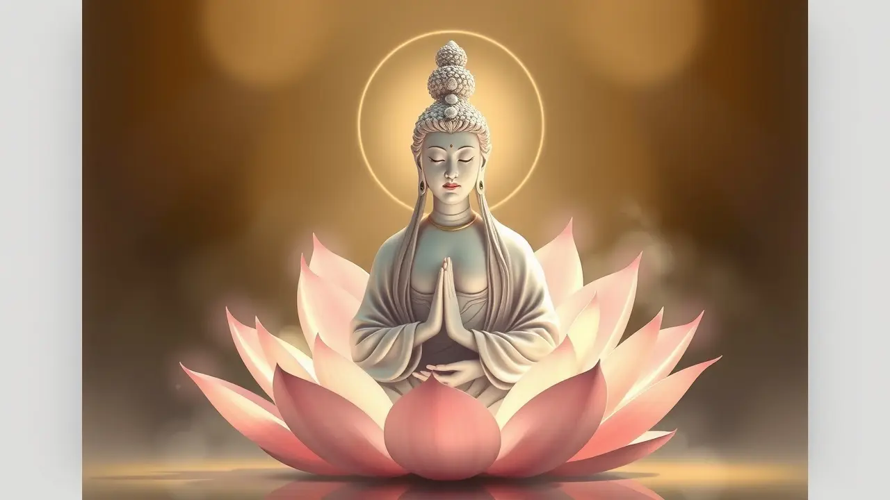 Kwan Yin em flor de lótus, aura dourada.