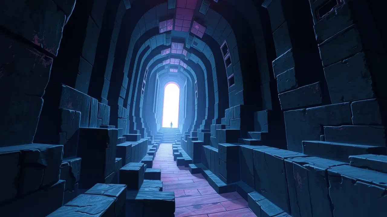 Significado de Sonhar com Labirinto: Desvende Seus Caminhos! Ilustração de um labirinto complexo em tons de azul e roxo.