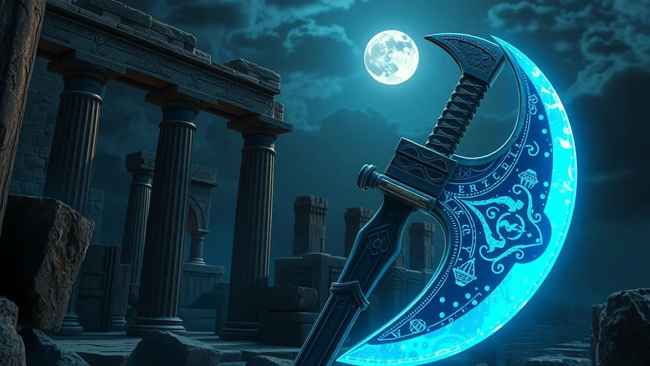 Significado de Sonhar com Labrys: Desvendando o Poder do Machado Duplo Labrys brilhante em ruínas minoicas