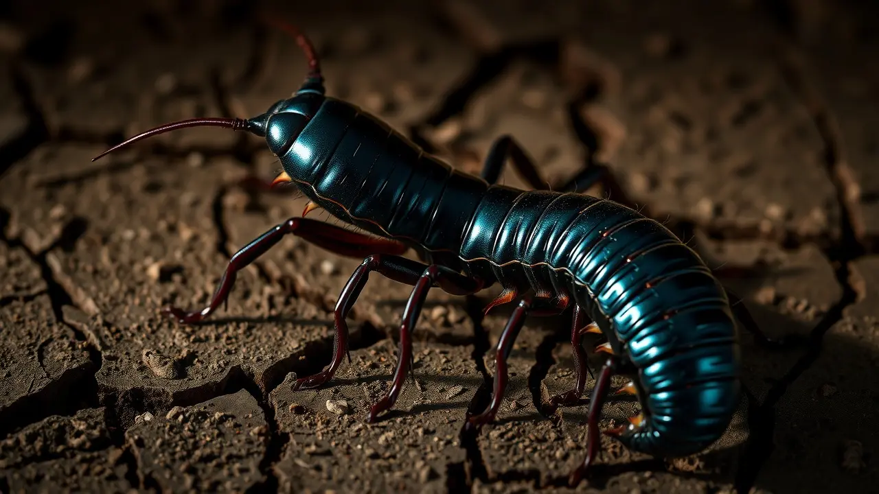 Lacraia com aparência ameaçadora em close-up.