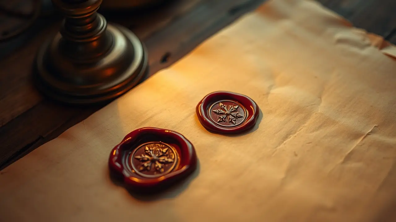 Lacre de cera vermelha em pergaminho antigo.