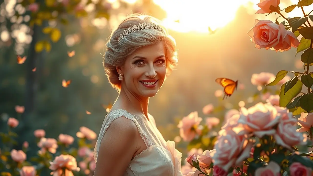 Sonho com Lady Di: jardim de rosas e luz suave.