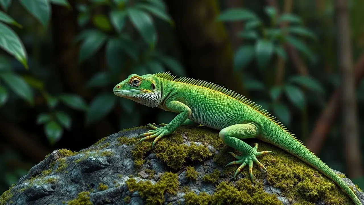 Lagarto verde em repouso na natureza.