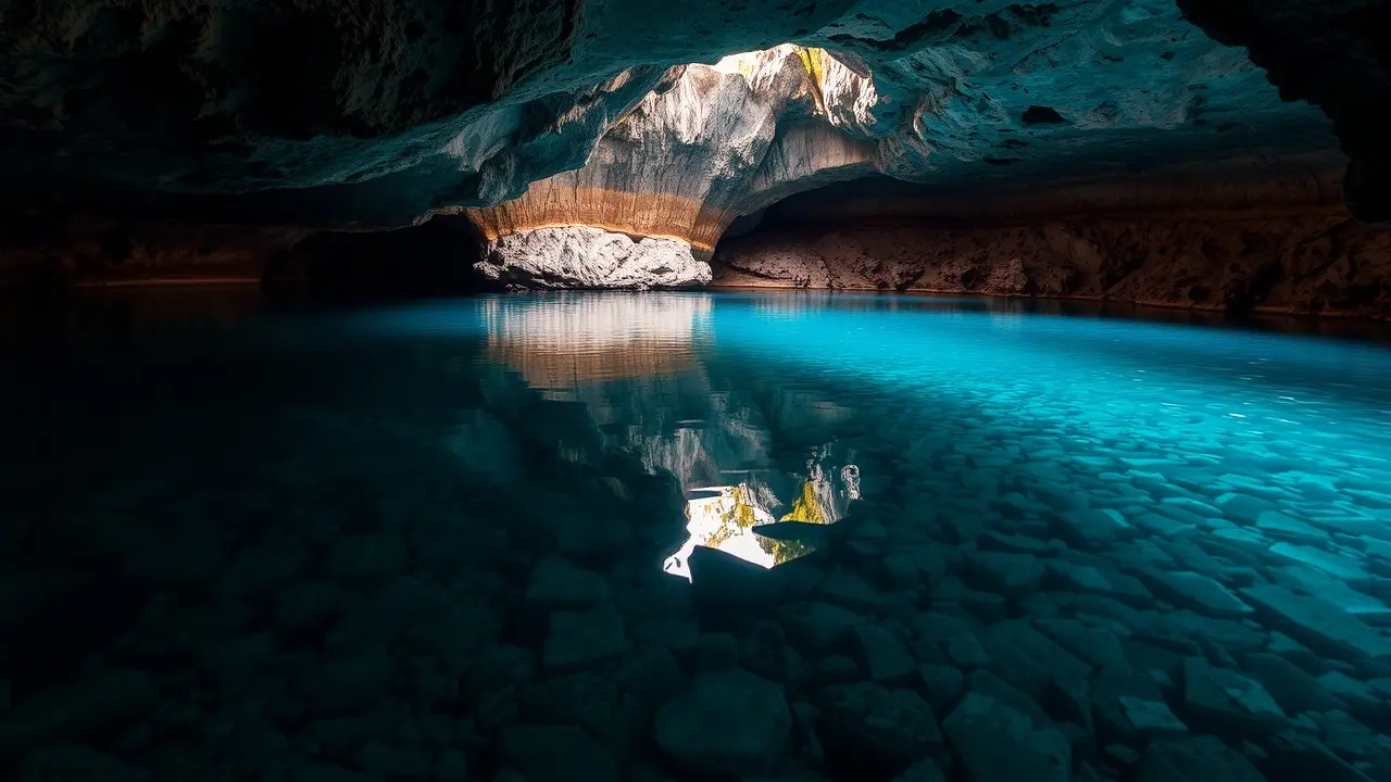 Sonhar com Lago Subterrâneo: Desvende os Mistérios Ocultos Lago subterrâneo cristalino refletindo formações rochosas.