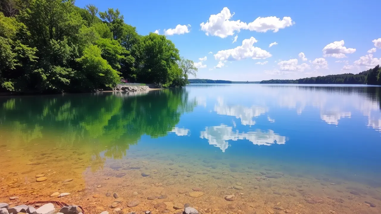 Lagoa de águas cristalinas refletindo o céu azul.