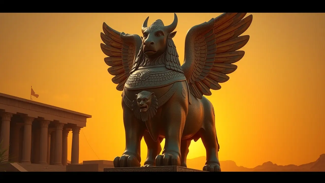 Sonhar com Lamassu: Desvende o Significado Oculto! Estátua de Lamassu protegendo a entrada.