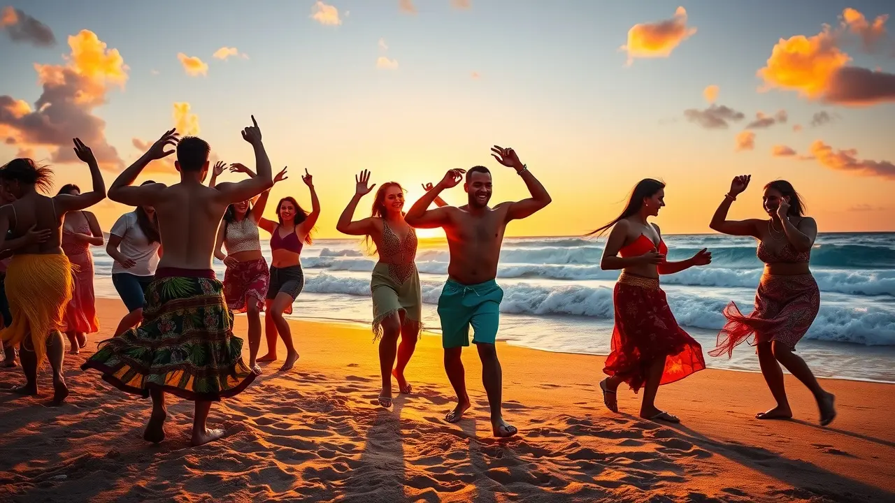 Pessoas dançando lambada em praia ensolarada.