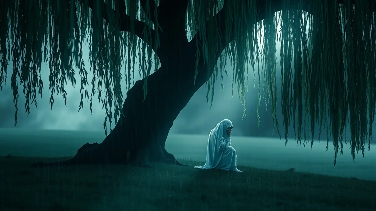 Pessoa lamentando sob árvore chorosa em dia chuvoso.