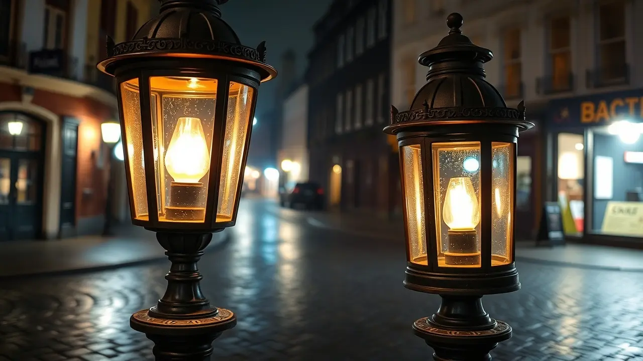 O que significa sonhar com lampião? Descubra os simbolismos! Um lampião antigo iluminando uma rua escura.