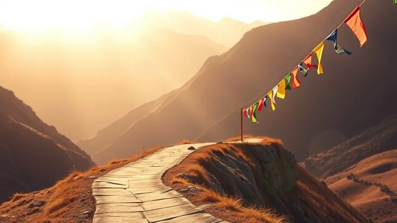 Sonhar com Lamrim: Desvendando o Significado e Implicações Caminho iluminado em paisagem montanhosa, representando jornada espiritual.
