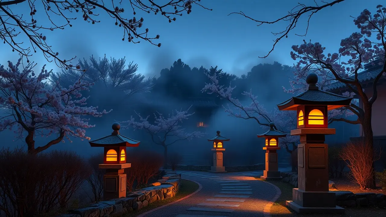 Sonhar com Lanterna Japonesa: Descubra o Significado Oculto! Jardim japonês iluminado por lanternas de pedra.