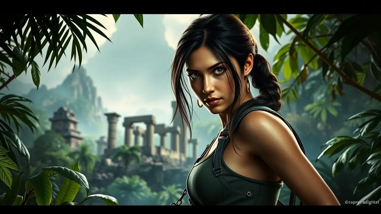 Lara Croft em selva exuberante, representando aventura e força.