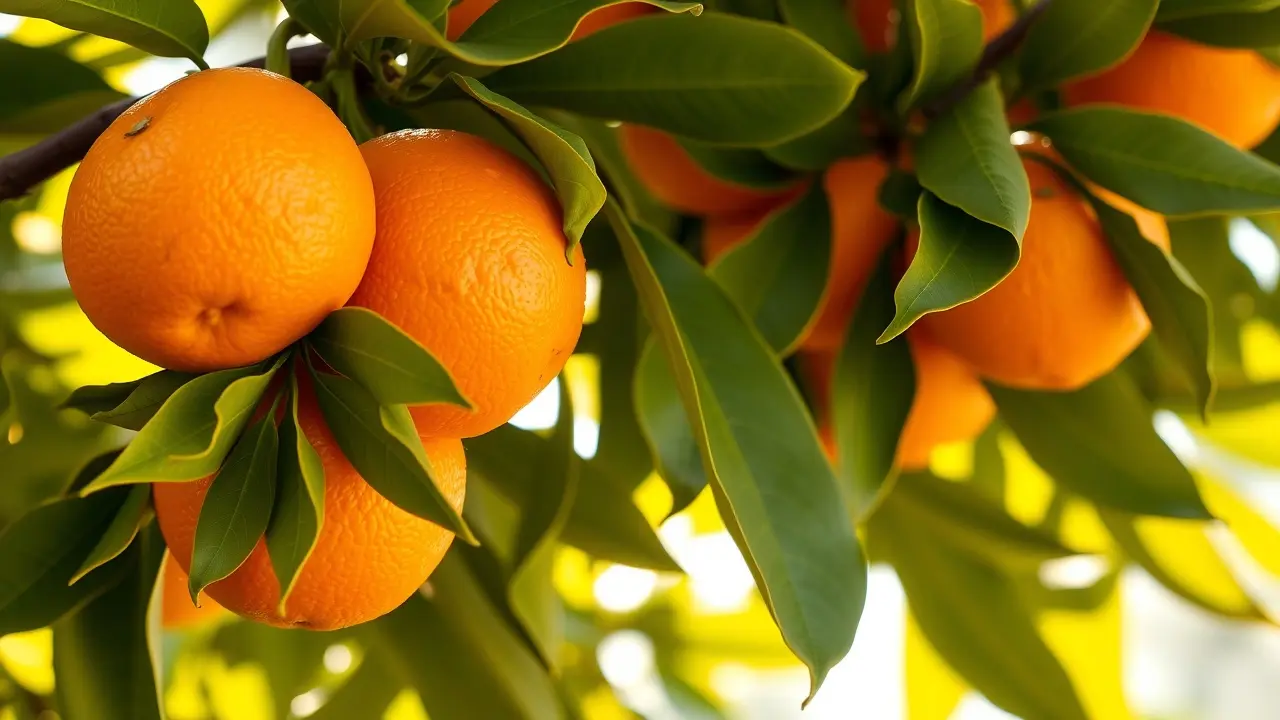 Laranjas vibrantes em uma laranjeira