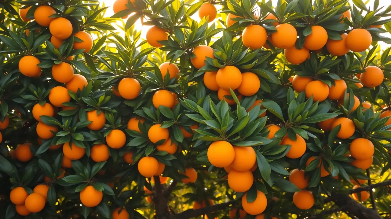 Laranjeira-de-umbigo carregada de frutos maduros.