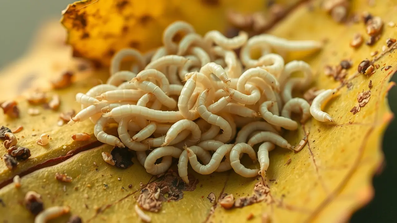 Larvas brancas em folha em decomposição.