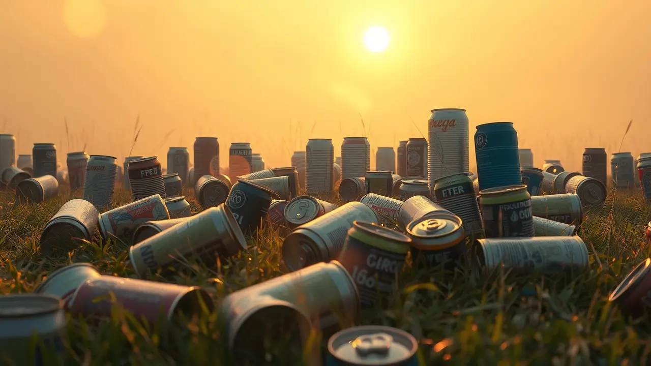 Sonhar com Lata: Descubra os Significados e Interpretações! Latas metálicas em campo ao amanhecer, simbolizando sonhos.