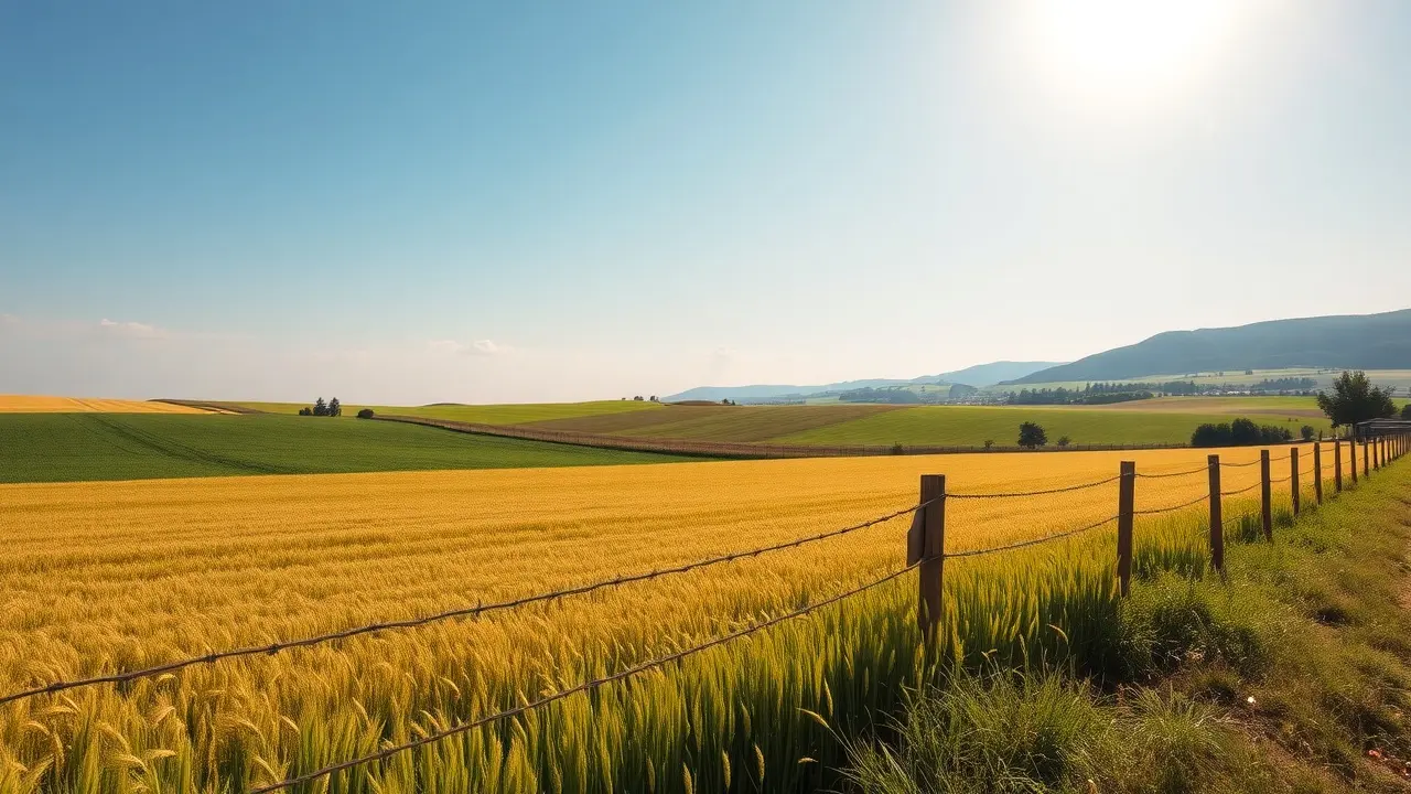 Vasto latifúndio verde sob céu ensolarado