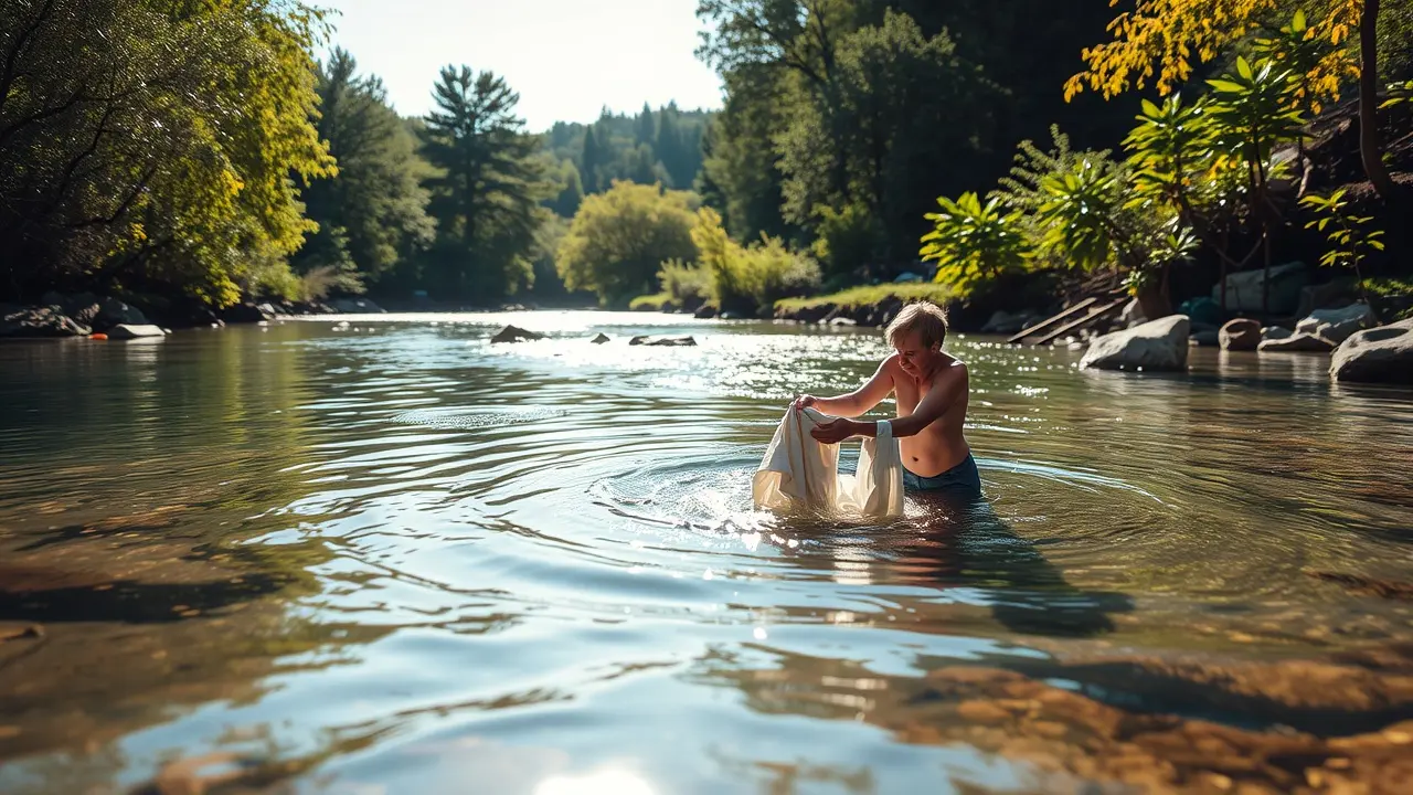 Pessoa lavando roupa no rio