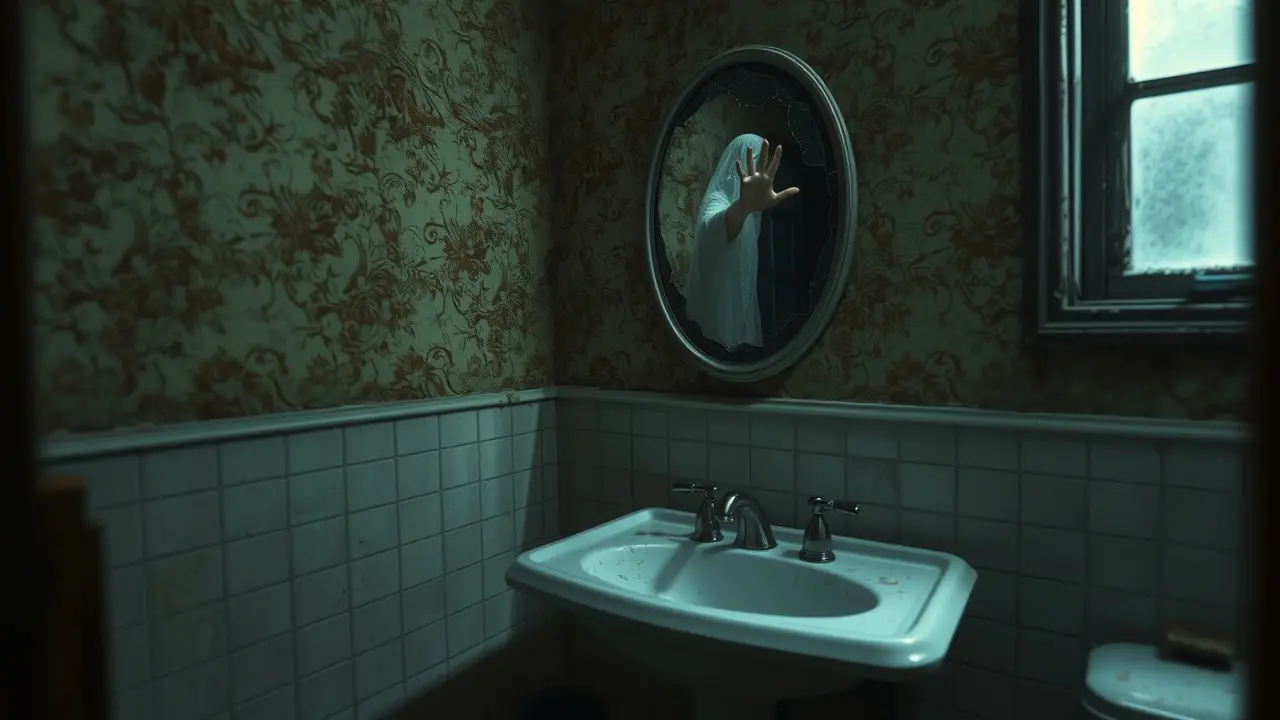 Lavatório antigo em banheiro empoeirado.