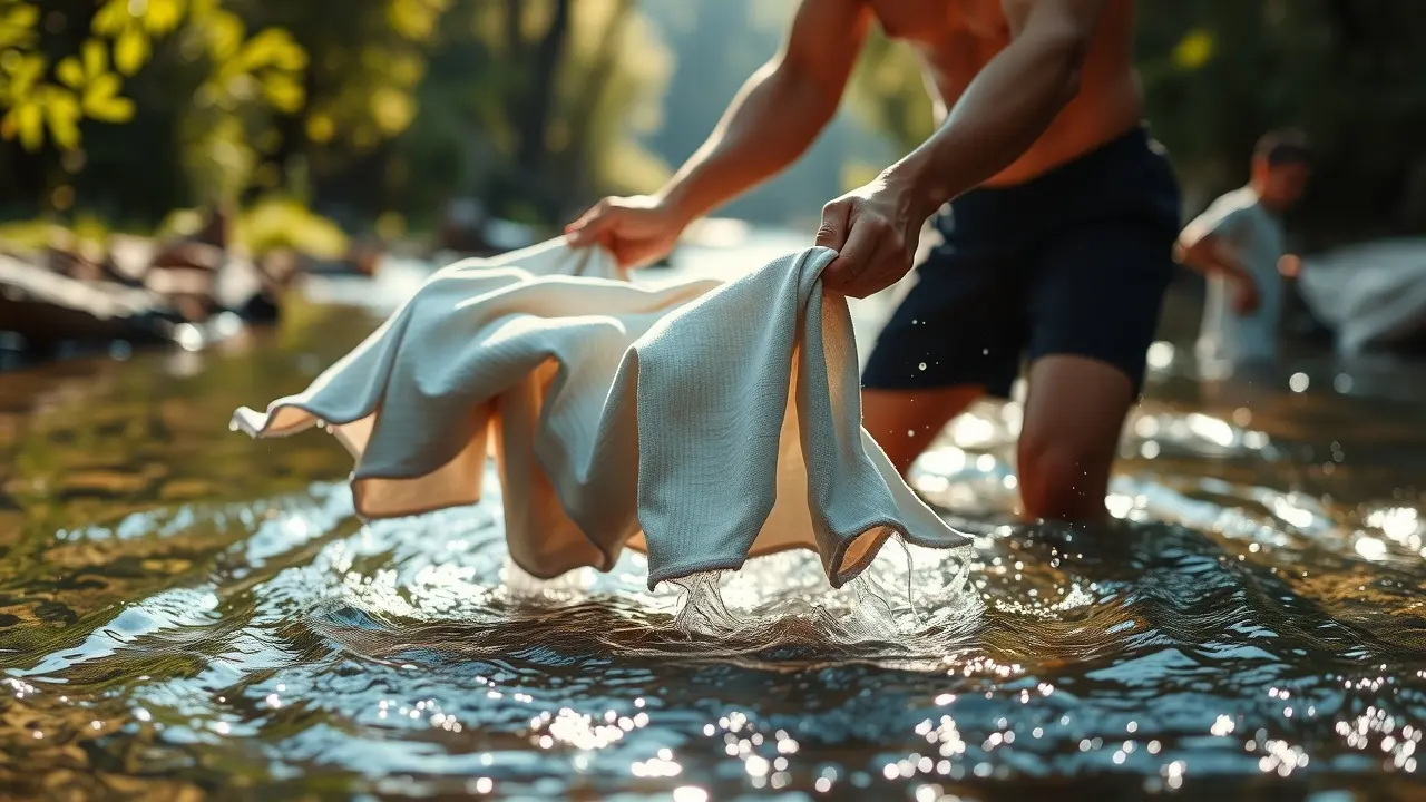 Pessoa lavando roupa à mão em riacho, simbolizando limpeza e renovação.