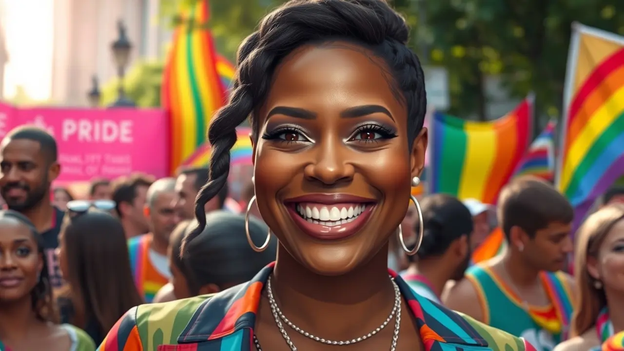 Sonhar com Laverne Cox: Descubra o Significado e as Mensagens Ocultas Laverne Cox sorrindo em parada do orgulho LGBTQIA+ com bandeiras coloridas