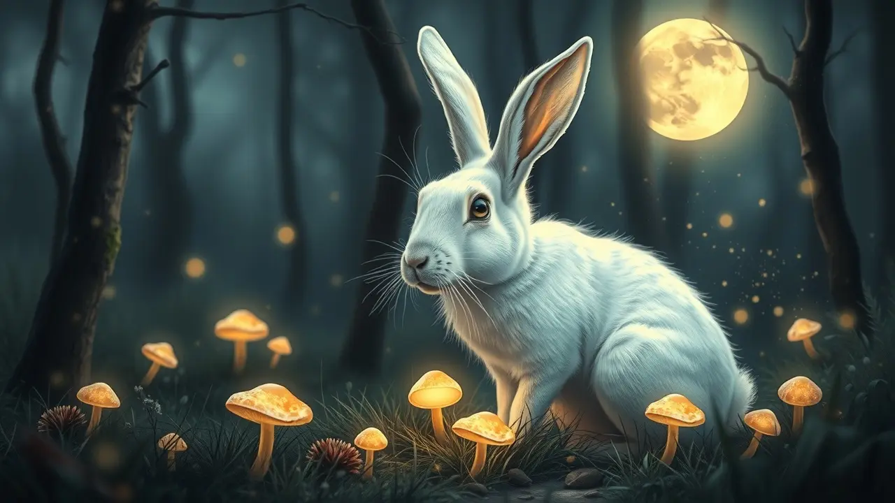 Uma lebre branca na floresta iluminada pela lua.