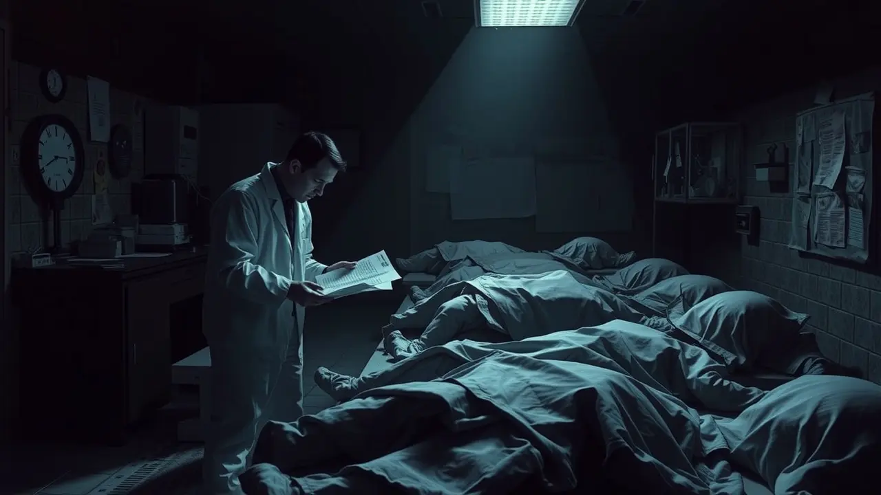 Imagem de um laboratório forense sombrio com um legista examinando documentos.