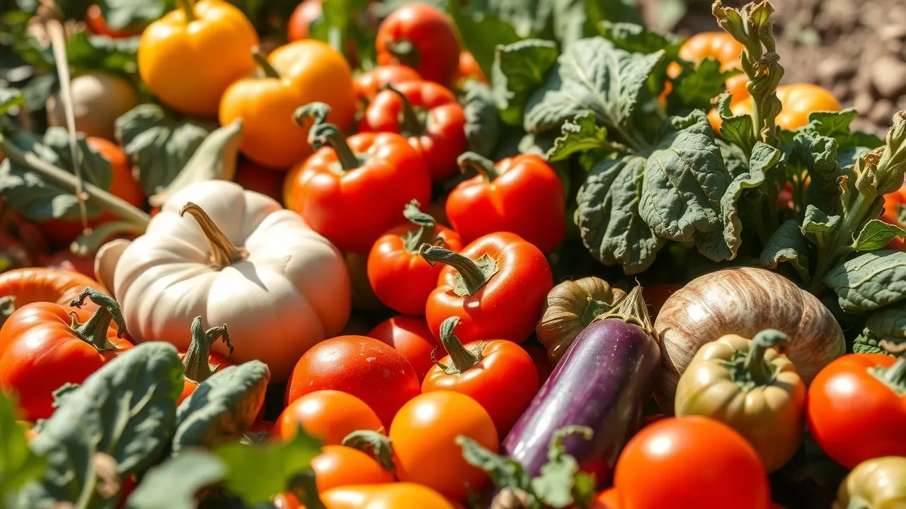 Diversidade de legumes frescos em uma horta ensolarada.