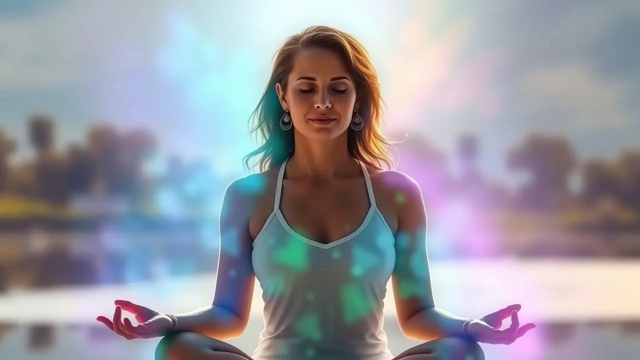 Significado de Sonhar com Leitura de Aura: Desvende os Mistérios da Alma Mulher em meditação com aura multicolorida.