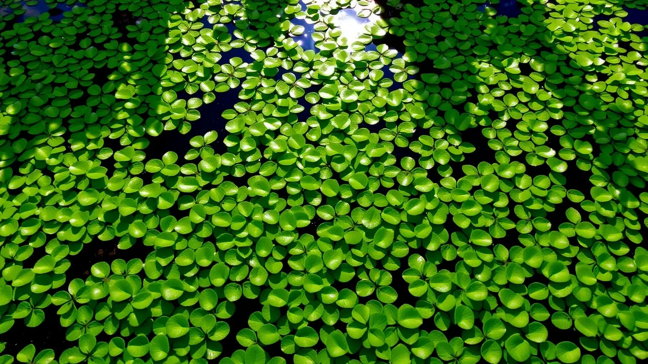 Tapete verde de lentilha-d'água em lago tranquilo