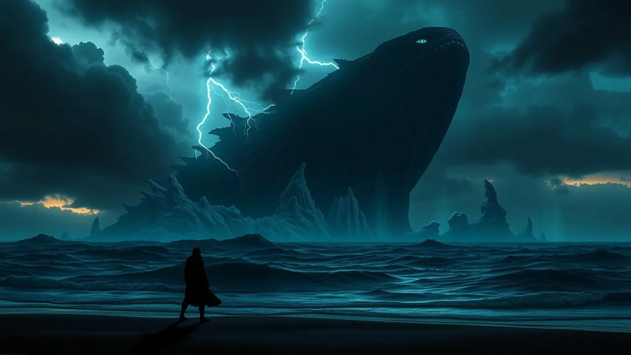 Silhueta de um Leviatã emergindo do mar tempestuoso
