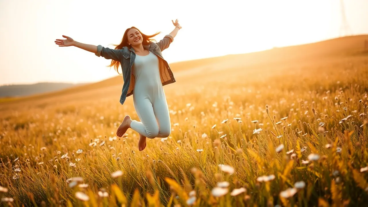 Pessoa levitando em campo florido