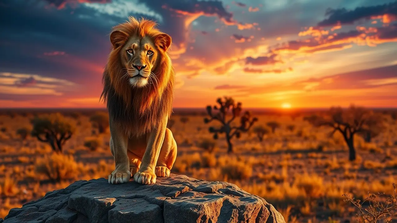 Leão majestoso na savana ao pôr do sol.