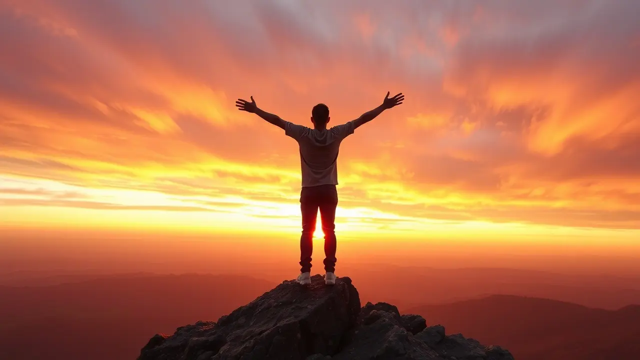 Pessoa no topo da montanha, braços abertos, amanhecer